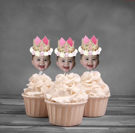 Photo Cupcake Toppers, Digital Face, Surprise 50th Birthday Party, Pink Flower Crown, Personalised Cupcakes, Glitter Crown, Princess Flower, Crown Hat, Blue Or Pink