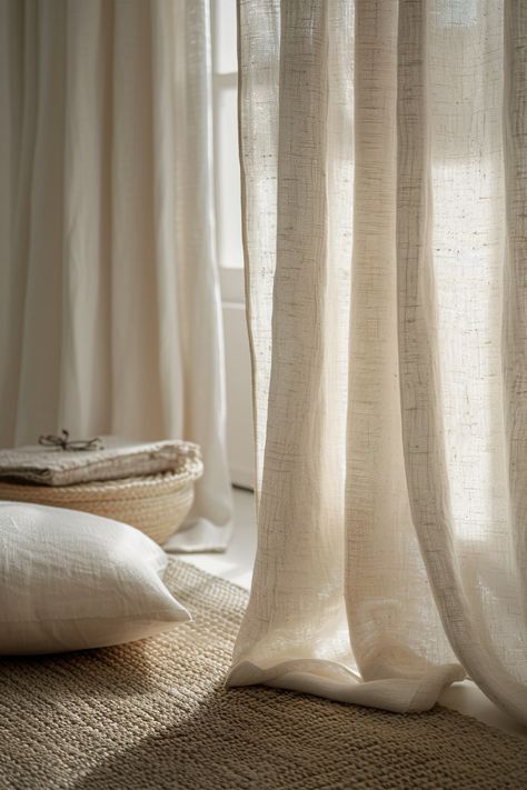 Find the perfect curtains for a Zen space with Japandi interior design principles. 🧘‍♀️🪟 Scandi Curtains Living Rooms, Greige Curtains, Curtains Japandi, Japandi Curtains, Zen Interior Design Living Room, Curtains Bedroom Aesthetic, Minimal Curtains, Curtains Aesthetic, Linen Curtains Living Room