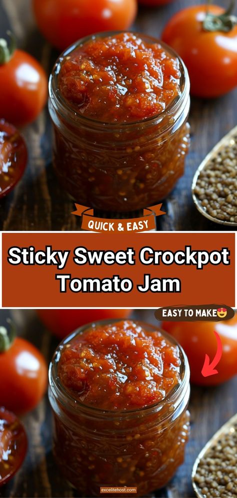 Ingredients: 2 pounds ripe tomatoes, chopped 1 cup granulated Sweet Tomato Jam Recipe, Tomato Jam Crockpot, Tomato Jam Recipe Crockpot, Tomato Jam Recipe Easy, Cherry Tomato Jam Recipe, Crockpot Tomato Sauce, Cherry Tomato Jam, Canning Tomato Juice, Tomato Jelly