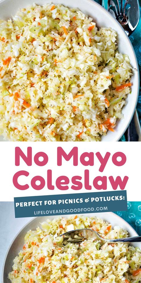 2 images of the tangy sweet no mayo coleslaw. No Mayo Coleslaw, Vinegar Coleslaw, Salad Recipes Healthy Lunch, Vinegar Salad Dressing, Coleslaw Recipe Easy, Slaw Dressing, Cabbage Salad Recipes, Coleslaw Dressing, Easy Grilling