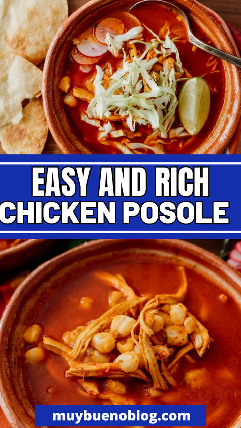 Chicken Posole OR also called Chicken Pozole is a delicious dish that is made with shredded chicken, tomatoes, broth, and white hominy. This is the ultimate comfort food that you can top with sliced radishes, cabbage, and a splash of lime juice. Learn how to make the perfect red chicken posole. Chicken Posole Soup, Crock Pot Pozole Chicken, Chicken Pozole Recipe Easy, Crockpot Chicken Posole, Homemade Pozole Recipe, Chicken Pozole Soup, Crockpot Posole Chicken, Chicken Posole Recipe Red, Chicken Posole Recipe Easy