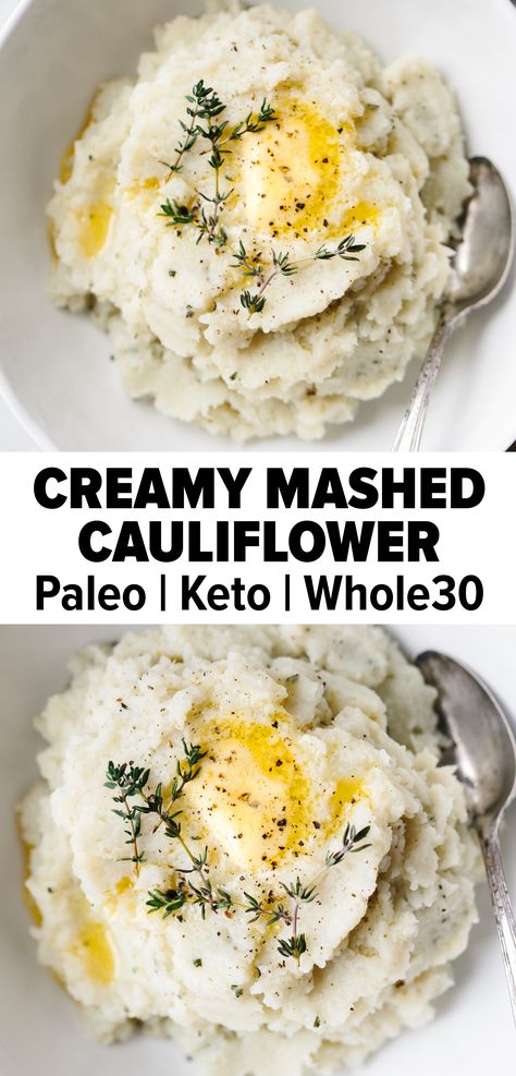 Healthy Thanksgiving Dinner, Cauliflower Mashed, Mashed Cauliflower Recipe, Creamy Mashed Cauliflower, Cauliflower Mashed Potatoes, Thanksgiving Dinner Recipes, Healthy Thanksgiving, Healthy Herbs, Low Carb Side Dishes