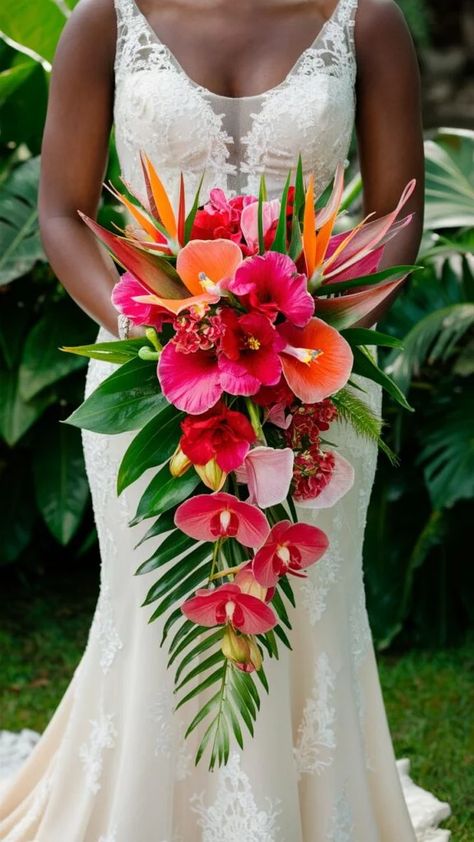 Tropical Style Wedding, Hawaiian Bouquet Wedding, Tropical Floral Arrangements Wedding, Wedding Flowers Tropical, Exotic Flower Bouquet, Flowers For Beach Wedding, Tropical Bridesmaid Bouquet, Roatan Wedding, Hawaiian Wedding Theme