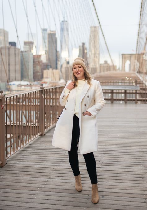 winter outfit White Purse Winter Outfit, Full White Winter Outfit, White Fuzzy Coat Outfit, White Wool Coat Outfit Winter, White Pea Coat Outfit, Cream Jacket Outfit Winter, White Coat Outfit Casual, Off White Coat Outfit, White Coat Outfit Winter