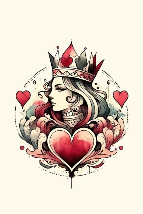 Queen Playing Card Design, Queen Of Hearts Design, Queen Graphic Design, Queen Of Hearts Wallpaper, Love Heart Tattoo Designs, Queen Tattoo For Women, Queen Of Hearts Art, Playing Card Tattoo, Powerful Queen