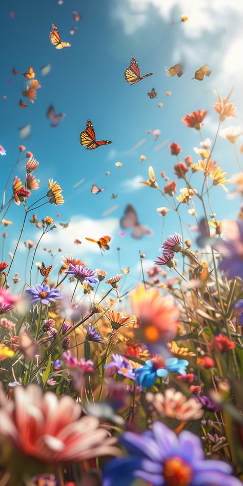 Realistic Phone Wallpaper, Borboleta Wallpaper, Sunny Flower Field, Vintage Blue Background, Freedom Wallpaper, Butterfly In The Sky, Realistic Wallpaper, Realistic Photography, 2048x1152 Wallpapers