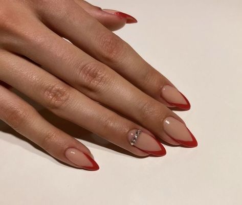 Hot Red French Tip Nails, Red And Beige Nails Acrylic, Red Pointed French Tip Nails, Nails That Look Good With Red Dress, Red French Tip Manicure, Red French Manicure Designs, French Tip Nails Sharp, Beige Red Nails, Beige French Manicure