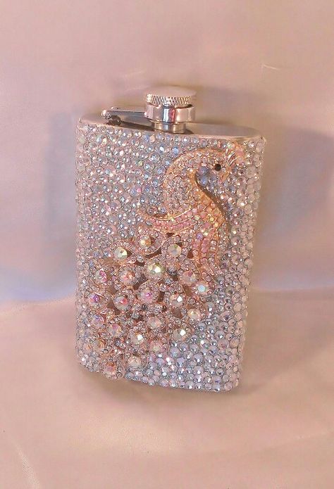 Bling Flask, Rhinestone Flask, Alcohol Bottle Crafts, Decorated Liquor Bottles, Glitter Flask, Nurse Accessories, Pocket Flask, Bling Ideas, Rhinestone Projects