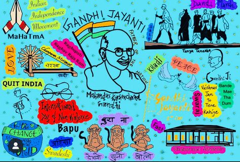 Doodle of Mahatma Gandhi’s life Poster On Gandhi Jayanti, Gandhi Jayanti Bulletin Board Ideas, Gandhi Jayanti Decoration In School, Gandhi Jayanti Poster Drawing, Gandhi Jayanti Poster, Gandhi Poster, Eng Learning, Mahatma Gandhi Photos, Stamp Drawing