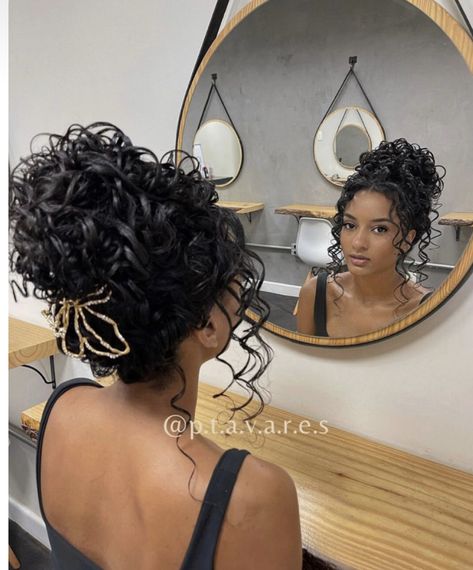 Curly Ball Hairstyles, Prom Hairstyles With Curly Hair, Low Side Bun Wedding Hair Curly, Curly Prom Hair Styles, Curly Haired Updos, Curly Updo Hairstyles For Black Women Wedding, Hair Styles For Prom Updos, Formal Updos For Medium Length Hair Curly, Curly Bun Hairstyles For Black Hair Prom