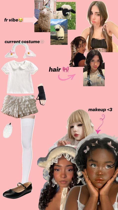 A collage of my sheep costume for 2024, my costume plus makeup and hair inspiration;🥲 for some reason couldn’t find sheep costume inspiration, well see how this turns out 🥴💗 Sheep Makeup Halloween, Sheep Makeup, Sheep Costume, Sheep Costumes, Cute Sheep, Concert Fits, Makeup And Hair, Halloween Party Costumes, Costume Makeup