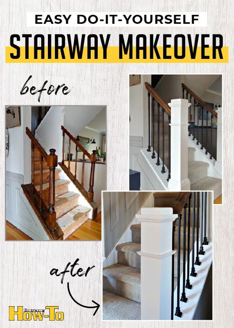 Iron Stair Balusters, Stair Railing Makeover, Diy Stair Railing, Indoor Railing, Metal Stair Railing, Stairs Renovation, Stair Makeover, Stair Balusters, Iron Stair Railing