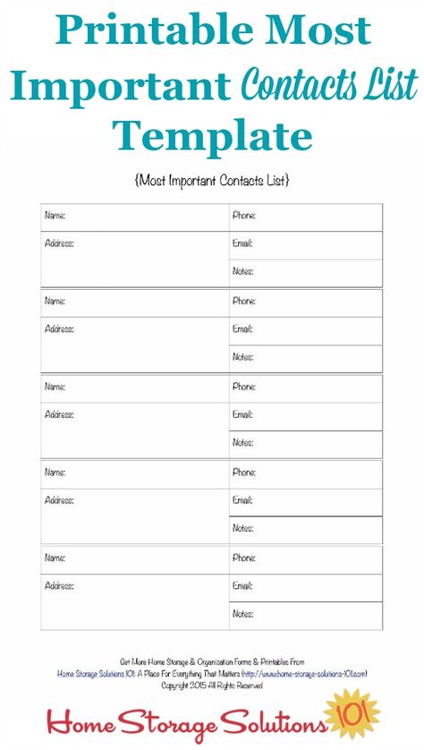 Even if you keep all contacts electronically you should keep at least this important contact list template in print, just in case! Contact List Template, Emergency Contact List, Household Notebook, Number Templates, Household Management, Home Storage Solutions, Emergency Contact, Contact List, List Template