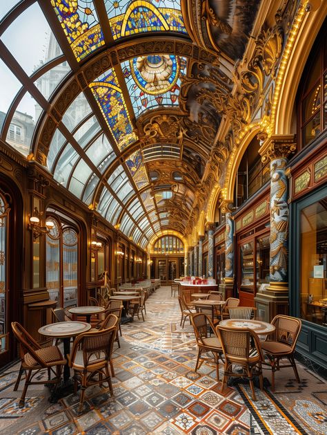 Parisian café interior with stained glass ceiling, carved columns, and ornate decor France Cafe Interior, French Hotel Aesthetic, Parisian Cafe Interior, French Interior Design Parisian Style, Paris Restaurants Interior, Vintage Paris Aesthetic, Orangerie Paris, Best Cafes In Paris, Café Interior