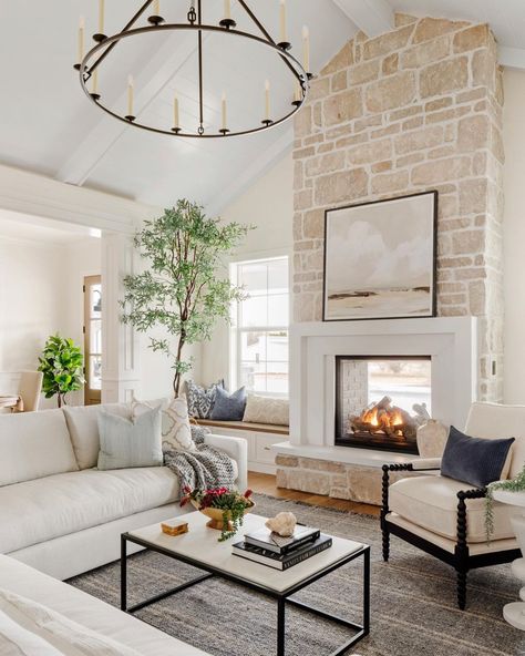 fireplace with benches • Instagram Business Decor Ideas, Farmhouse Interior Ideas, Modern Farmhouse Interior, Stone Mantle, Built In Around Fireplace, Built In Window Seat, Vaulted Ceiling Living Room, Limestone Fireplace, Fireplace Built Ins