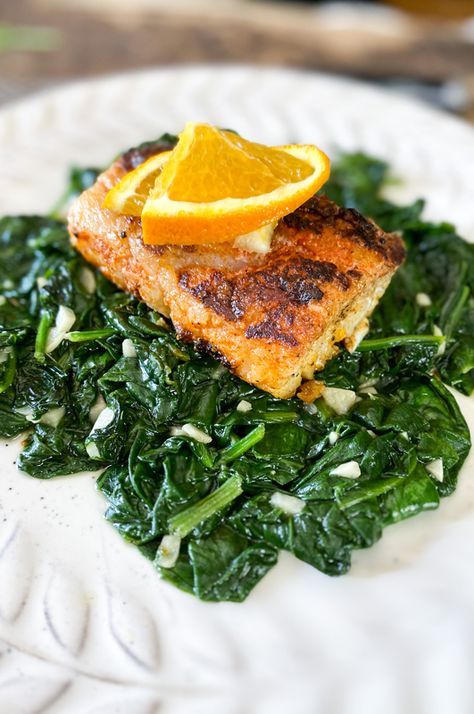 One of Sevillas BEST Dishes | Orange Cod with Sautéed Spinach Best Cod Recipes, Cod Fish Recipes, Seafood Meals, Spanish Foods, How To Make Orange, International Dishes, Spinach Recipe, Cod Recipes, Sauteed Spinach