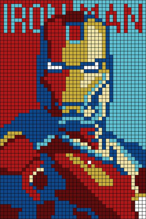 Iron Man Crochet Blanket, Marvel Logo Cross Stitch, Pixel Art Grid Marvel, Iron Man Alpha Pattern, Iron Man Cross Stitch, Spider Man Alpha Pattern, Alpha Patterns Marvel, Marvel Alpha Pattern, Avengers Pixel Art