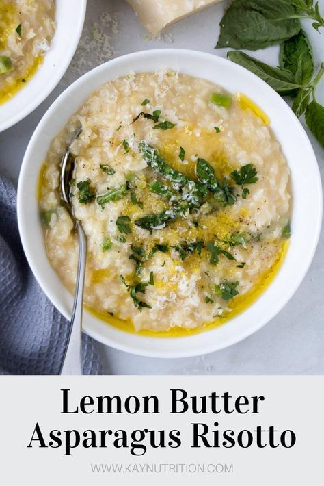 This asparagus risotto is easy to make and full of flavor! This is a healthy, gluten-free, vegetarian recipe. Asparagus Risotto Recipes, Lemon Asparagus Risotto, Healthy Risotto Recipes, Butter Asparagus, Healthy Risotto, Kay Nutrition, Lenten Meals, Vegetable Ideas, Cottage Recipes