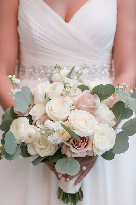 Blush Bridal Bouquet With Greenery, Blush White And Greenery Bouquet, White Bouquet With Pop Of Color, Wedd Bouquets, Ranunculus Bouquet Wedding, Zante Wedding, Blush And Sage Wedding, Blush And Greenery Wedding, Wedding Bouquet Simple