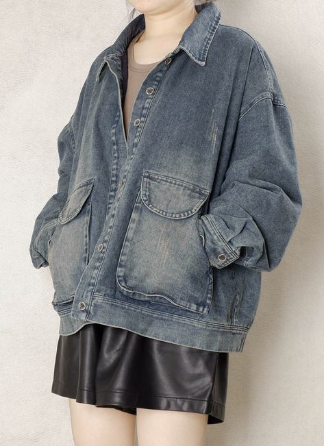 Women Blue Denim Jacket Buttons Up Coat, Loose Fitting Coat Size Small to Medium Washed Blue Cropped Fitted Jean Jacket Spring Outwear SIZE LIST FREE SIZE: Lenght:63CM/24.8" Bust:130CM/51.2" Shoulder:63CM/24.8" Sleeve:50CM/19.7" Shipping Policies: All orders will take the fastest express delivery no extra shipping. Usually 10-15 days to arrive US. To Europe usually 8-12 days. Other countries usually 10-15 days. Safe and quick. This is washing instructions: Suitable for hand wash or machine washi Jean Jacket Over Dress, Big Jean Jacket, Baggy Jean Jacket, Blue Jean Jacket Outfits, Cropped Jacket Outfit, Spring Outwear, Korean Style Hijab, Fur Jean Jacket, Coat Jeans