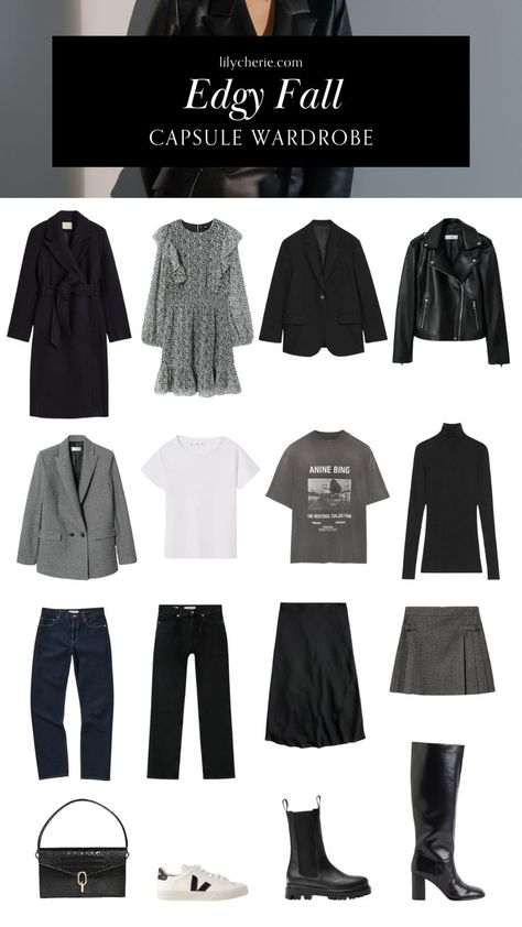 Edgy Capsule Wardrobe, Fall Capsule Wardrobe 2023, Mode Edgy, Black Capsule Wardrobe, Capsule Wardrobe Ideas, Capsule Wardrobe 2023, Chic Capsule Wardrobe, Capsule Wardrobe Minimalist, Capsule Wardrobe Basics