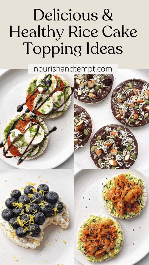 Four rice cake topping ideas including a pesto mozzarella, blueberry ricotta, avocado kimchi and chocolate-topped with nuts and seeds. Rice Cake Pizza Recipe, Rice Cakes Toppings Lunches, Rice Cake Avocado Toast, Recipes Using Rice Cakes, Rice Cake Recipes Breakfast, Rice Cake Breakfast Ideas, Healthy Rice Cake Snacks, Banana Rice Cake, Rice Cake Recipes Healthy