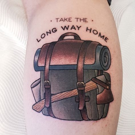 Hiking! Take the long way home. | By Drea Darling | Done at With Love Tattoo | Mar 10th 2019 | 900626 Backpacking Tattoo, With Love Tattoo, Backpack Tattoo, Hiking Tattoos, Take The Long Way Home, Ancient Tattoo, Hiking Tattoo, Long Way Home, Love Tattoo