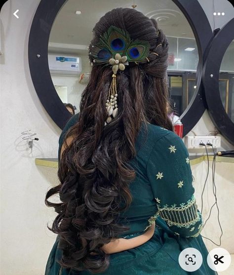 Peacock Feather Hairstyle, Krishna Hairstyle, Morpankh Jewellery, Peacock Hairstyle, Hetal's Art, Peacock Accessories, Hair Style On Saree, Engagement Hairstyles, Easy Hairstyles For Thick Hair