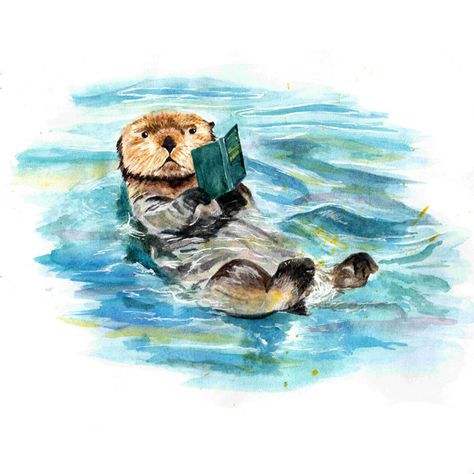 Otter Art, Otter Love, Sea Otters, Horror Book, Sea Otter, Poster Wall Decor, Reading A Book, Watercolor Animals, Landscape Canvas