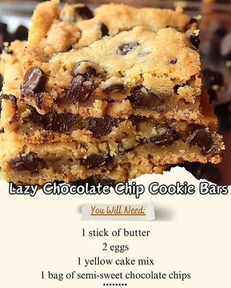 Easy family recipes | Lazy Chocolate Chip Cookie Bars | Facebook Lazy Chocolate Chip Cookie Bars, Easy Family Recipes, Chocolate Chip Bars, Chocolate Chip Cookie Bars, Yellow Cake, Semi Sweet Chocolate Chips, Yellow Cake Mixes, Easy Family Meals, 2 Eggs