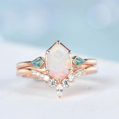 Rose Gold Wedding Rings Sets, Real Opal Engagement Ring, Gemstone And Diamond Engagement Rings, White Opal Wedding Ring, Non Traditional Engagement Rings Opal, Etsy Rings Engagement, Opal Ring Set, Opal Wedding Theme, Opal Engagement Ring Gold