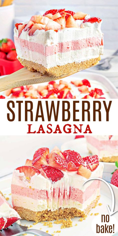 Very Berry Dessert Lasagna Recipe, Dessert Recipes Lasagna, Fun Strawberry Desserts, Potluck Desserts No Bake, No Bake Strawberry Lasagna, Casserole Recipes Dessert, No Bake Strawberry Jello Lasagna, Very Berry Dessert Lasagna, Lasagna Desserts No Bake