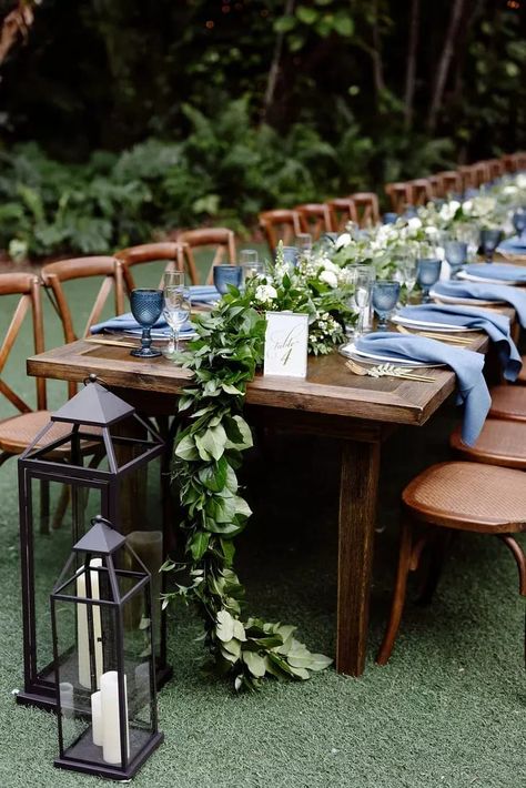 Farmhouse Table Eucalyptus Wedding, Blue Boho Party Decor, Long Table Wedding Centerpieces, Farm Table Setting, Venue Aesthetic, Wood Farm Table, Farm Table Wedding, Wedding Table Deco, Wood Table Decor