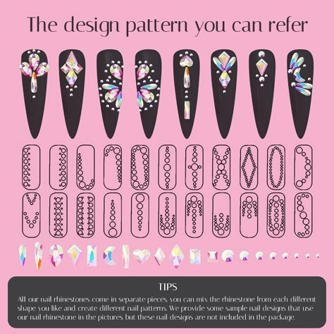 Easy Diamond Nail Design, Nail Gem Layout, Rhinestone Nail Patterns, Rhinestone Nail Designs Pattern, Nail Art Gems Rhinestones, Nail Stone Design Rhinestones, Nail Diamond Design, Rhinestone Designs Pattern Nails, Crystals On Nails