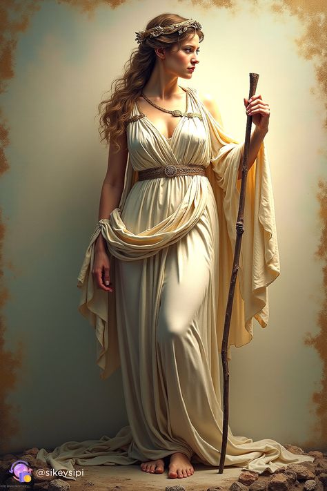 In this stunning depiction, Demeter, the goddess of the seasons and agriculture, stands proudly with her floral crown, symbolizing the changing cycles of nature. Her presence ensures the prosperity of the harvest and the earth's abundance.  #Demeter #SeasonsGoddess #GreekMythology #AgriculturalGods #HarvestCycle #MythicalArt #EpicFigures Greece Goddess, Demeter Goddess, Roman Clothes, Roman Myth, Greek Dress, Goddess Outfit, Portrait References, Greek Goddess Costume, Portraits Art