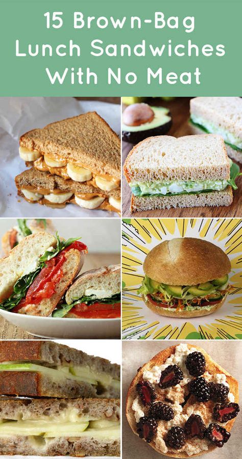 15 Meatless Lunch Sandwiches - a nice change of speed from our daily PB&J or turkey and cheese. Meatless Lunch, Protein Sandwich, Lunch Sandwiches, Sandwich Ideas, No Meat, Sandwiches For Lunch, Bag Lunch, Lunch Snacks, Meatless Meals