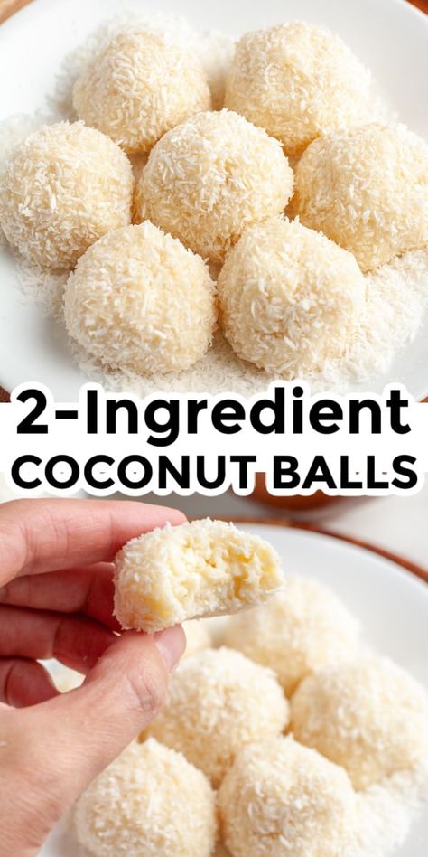 Coconut balls - This easy dessert recipe only has 2 ingredients! Soft and sweet coconut balls are easy to make and great for all occasions. Christmas Coconut Balls, Easy Coconut Balls 3 Ingredients, Homemade Coconut Candy, Asian Coconut Dessert, No Bake Cream Cheese Coconut Snowballs, Coconut Cream Cheese Balls, Coconut Balls No Bake Condensed Milk, Cream Cheese Coconut Balls, Creamed Coconut Recipes