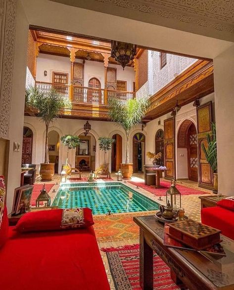 Moroccan Courtyard, Marrakech Riad, Future Interior Design, Mediterranean Homes Exterior, Moroccan Riad, Riad Marrakech, House Architecture Styles, Sims House Design, Places In The World