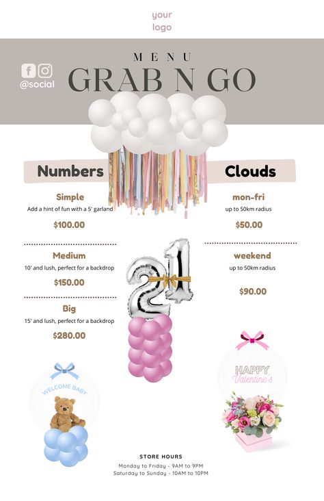 Get your EDITABLE BALLOON MENU BUNDLE and wow your clients today! Our templates are designed to help you craft an experience that's as special as the occasion itself!  💖 #Wedding #WeddingPlan #BridalShower #BabyShower #Birthday #CreatingMemories #EventPlanning #BalloonMockup Balloon Pricing, Styling Business, Balloon Business, Balloon Prices, Sweet Carts, Balloon Artist, Balloon Pump, Online Parties, Create Memories