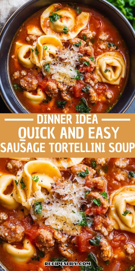 Savor every spoonful of this flavorful Sausage Tortellini Soup! Pizza Soup With Tortellini, Crockpot Soup With Sausage, Spoonful Of Comfort, Slow Cooker Sausage Tortellini Soup, Fall Soup Recipes Sausage, Chili Tortellini, Sausage Tortellini Soup Crockpot, Sausage Spinach Tortellini Soup, Tortellini And Sausage Soup