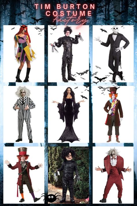 Explore the whimsical world of Tim Burton's movies with our hauntingly good Halloween costume selection!  From The Nightmare Before Christmas to Beetlejuice and beyond, we've got your favorite characters covered.  Summon our exclusive collection! Dive deeper into Burton's filmography with Edward Scissorhands, Alice in Wonderland The Mad Hatter, and Sweeney Todd costumes—all right here! at HalloweenCostume.com #TimBurton #HalloweenCostumes #SpookyStyle" Tim Burton Movie Characters, Tim Burton Inspired Halloween Costumes, Tim Burton Movie Costumes, Tim Burton Costumes Halloween, Tim Burton Female Characters, Tim Burton Characters Aesthetic, Scary Movie Characters Costumes, Disfraces Tim Burton, Halloween Costumes Tim Burton