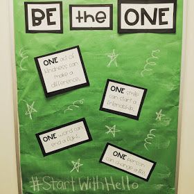 School Counselor Blog: Be the One Bulletin Board - Start with Hello Week Start With Hello Week Ideas, Bulletin Board School Counselor, Start With Hello Bulletin Board, Social Skills Bulletin Board Ideas, Start With Hello Week Activities, School Counselor Door Ideas, Start With Hello Week, Start With Hello, School Counselor Door