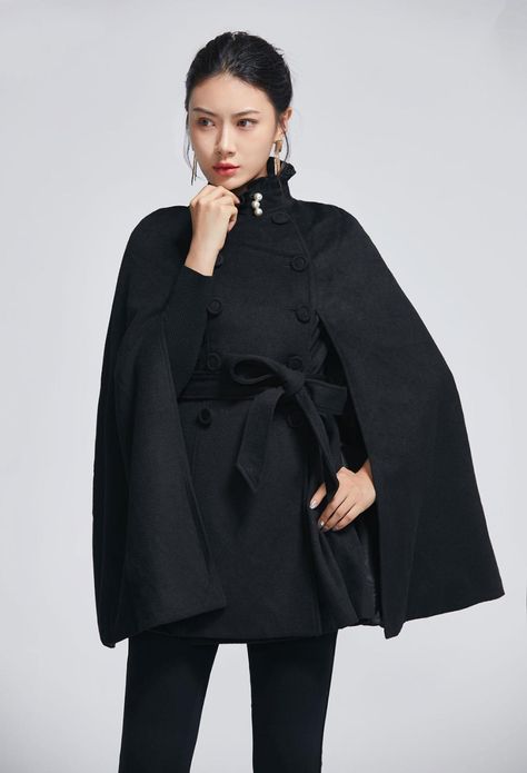 Cape Coat Outfit, Short Cape Coat, Winter Cape Coat, Black Cape Coat, Cape Outfit, Belted Cape, Winter Cape, Cape For Women, Punk Style Outfits