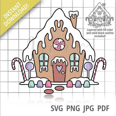 Gingerbread House Svg Layered Gingerbread House Candy House - Etsy Ginger Bread House Cartoon, Easy Gingerbread House Drawing, Christmas Gingerbread House Drawing, Gingerbread House Silhouette, Cute Gingerbread House Drawing, Gingerbread House Sketch, Gingerbread Houses Drawing, Gingerbread House Window Painting, Gingerbread House Inspo Simple