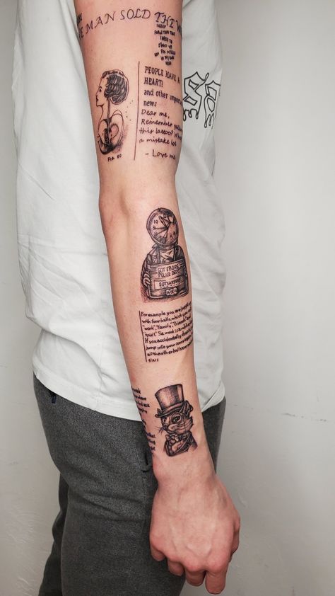 Poetry Tattoo Men, Text Sleeve Tattoo, News Paper Tattoo Design, Quote Tattoo Sleeve, Text Tattoo Placement, Newspaper Tattoo, Diary Tattoo, Typographic Tattoo, Dark Mark Tattoos