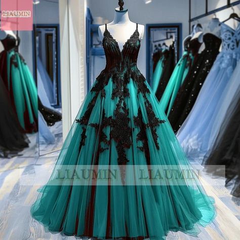 Black And Teal Dress, Dark Wedding Dress Black Laces, Teal Wedding Dresses, Teal Dress For Wedding, Dark Teal Weddings, Dark Teal Dress, Black And Green Dress, Prom Dress Inspo, Disney Wedding Dresses