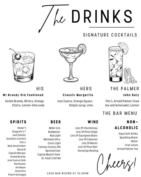 Elevate your wedding reception with this elegant, fully customizable bar menu! Instantly download and personalize your drink selection and wedding details. Perfect for adding a stylish touch to your special day. Easy to edit in Canva, and printable at home or with your favorite print shop. What's Included: Editable bar menu template (PDF) Instant download for quick access Easy customization with your own text Create a beautiful, personalized bar menu in minutes! Cocktail Bar Menu Design, Bar Menu Ideas, Drink Menu Wedding, Bar Menu Design, Brandy Old Fashioned, Bar Menu Template, Wedding Bar Menu Sign, Lime Tea, Canva Wedding