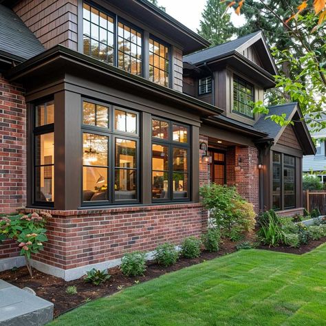 Warm and Inviting Brown Outdoor Window Trim • 333+ Art Images Brick House With Dormer Windows, Black Windows Brown Trim, Brick House With Brown Trim, Brick Home Ideas Exterior, Brick And Wood Home Exterior, Brown Siding With Black Trim, Red Brick Brown Trim, Dark Brown Cottage Exterior, Painted Brick Bungalow Exterior