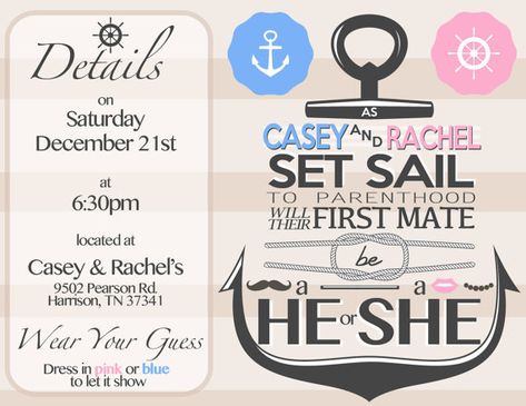 Nautical Theme Gender Reveal Invitation by CloverAndCrown on Etsy, $15.00 Nautical Gender Reveal Ideas, Nautical Gender Reveal, Decor Appliances, Hey Joe, Gender Reveal Ideas, Gender Party, Shower Stuff, Gender Reveals, Baby Planning