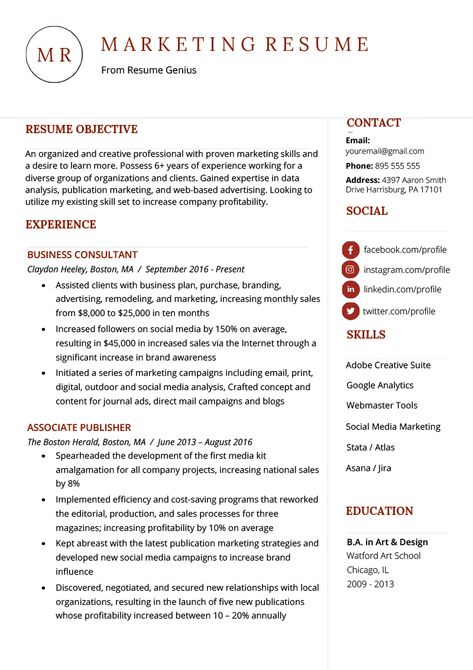 Marketing Resume Sample & Writing Tips | Resume Genius Analyst Resume, Business Analyst Resume, Administrative Assistant Resume, Professional Resume Examples, Free Resume Examples, Marketing Resume, Sales Resume, Writing Guide, Student Resume